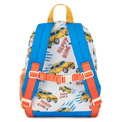 Sac à dos enfant blanc motif voitures bandoulières bleues Hello Hossy