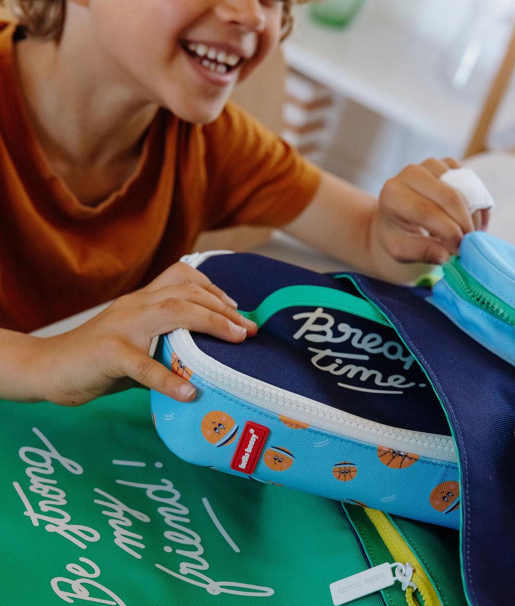 Sac goûter enfant bleu orange motif ballons Hello Hossy