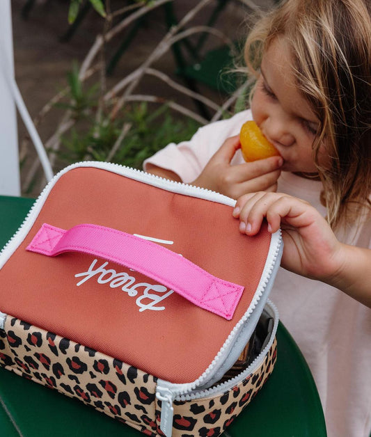 Sac goûter enfant crème motif léopard poignée rose Hello Hossy