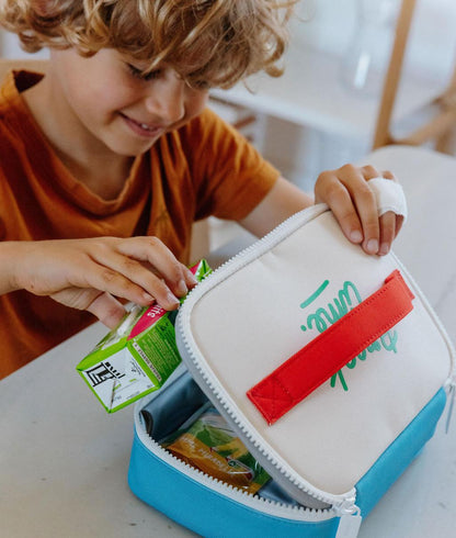 Sac goûter enfant bleu blanc poignée rouge Hello Hossy
