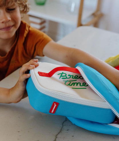 Sac goûter enfant bleu inscription verte Hello Hossy