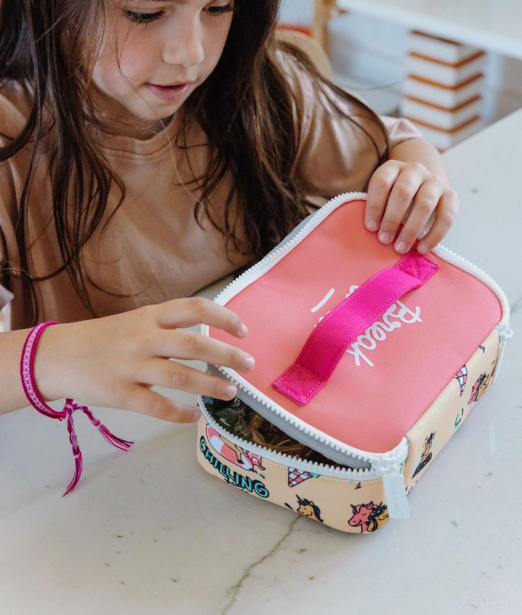 Sac goûter enfant jaune rose imprimé licorne poignée Hello Hossy