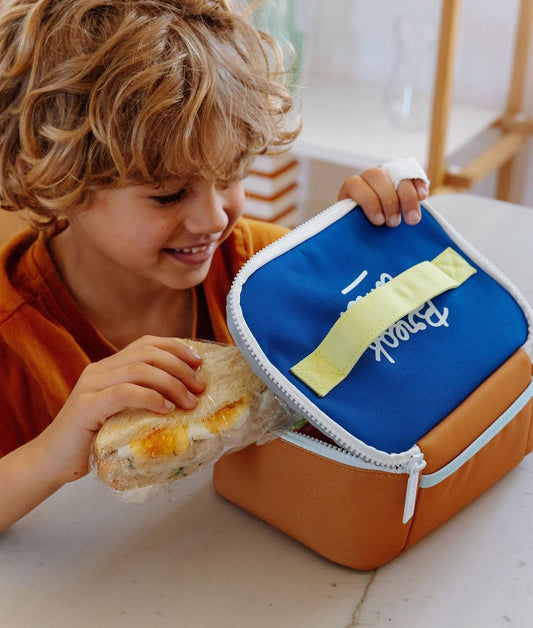 Sac repas enfant bleu poignée jaune forme cube Hello Hossy