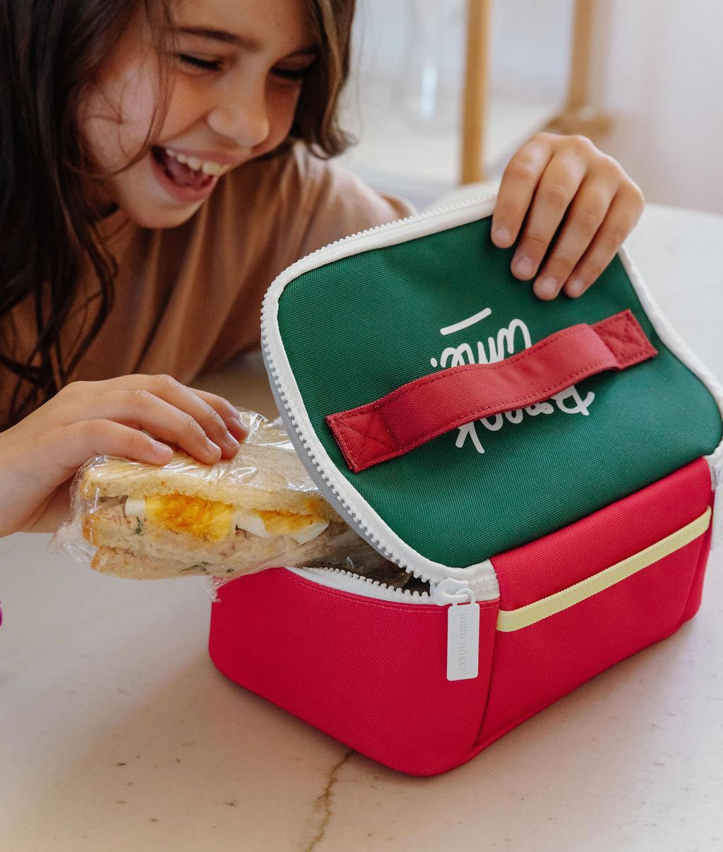 Sac repas enfant framboise vert poignée contrastée Hello Hossy
