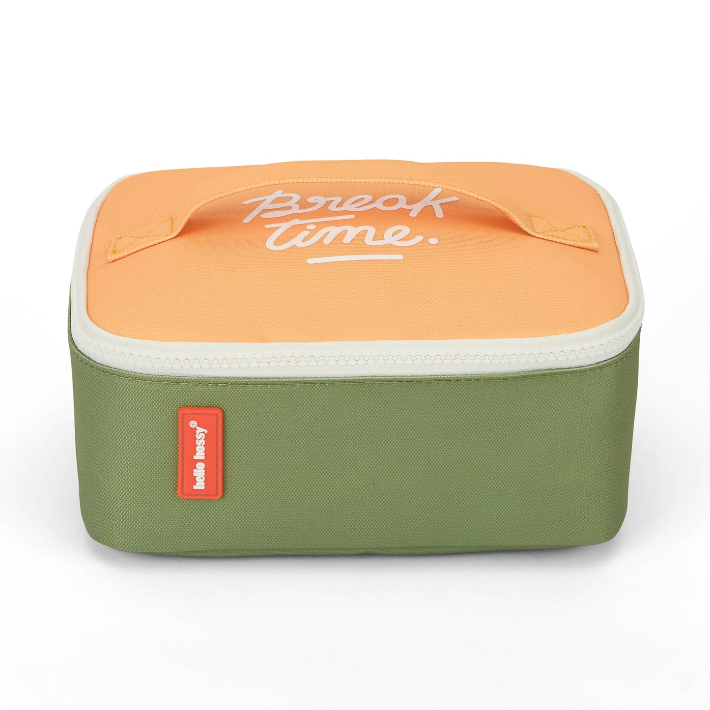 Sac repas enfant vert couvercle orange inscription Hello Hossy
