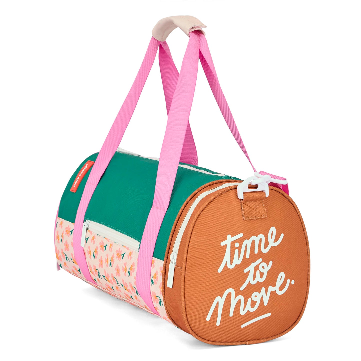 Sac de sport enfant vert rose marron motif fleurs inscription blanche Hello Hossy