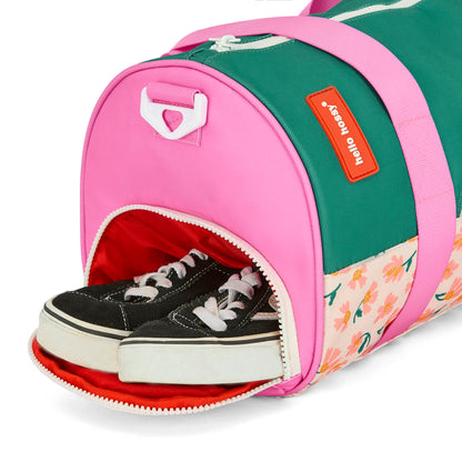 Sac de sport enfant vert rose motif fleurs compartiment chaussures Hello Hossy