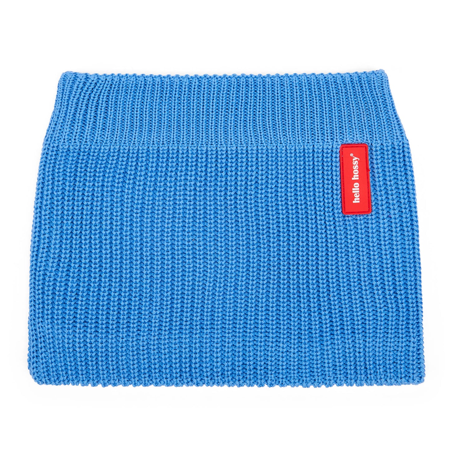 Snood enfant tricot bleu étiquette rouge Hello Hossy