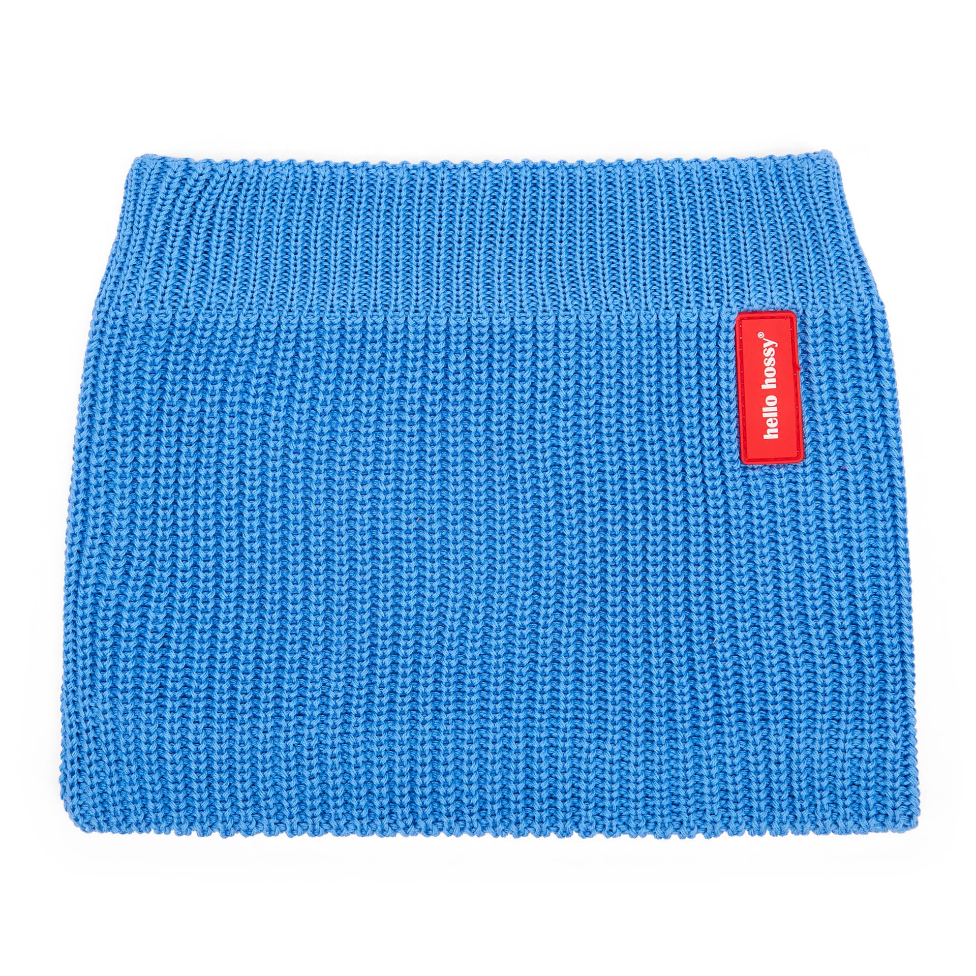 Snood enfant tricot bleu étiquette rouge Hello Hossy