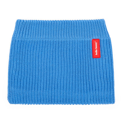 Snood enfant tricot bleu étiquette rouge Hello Hossy