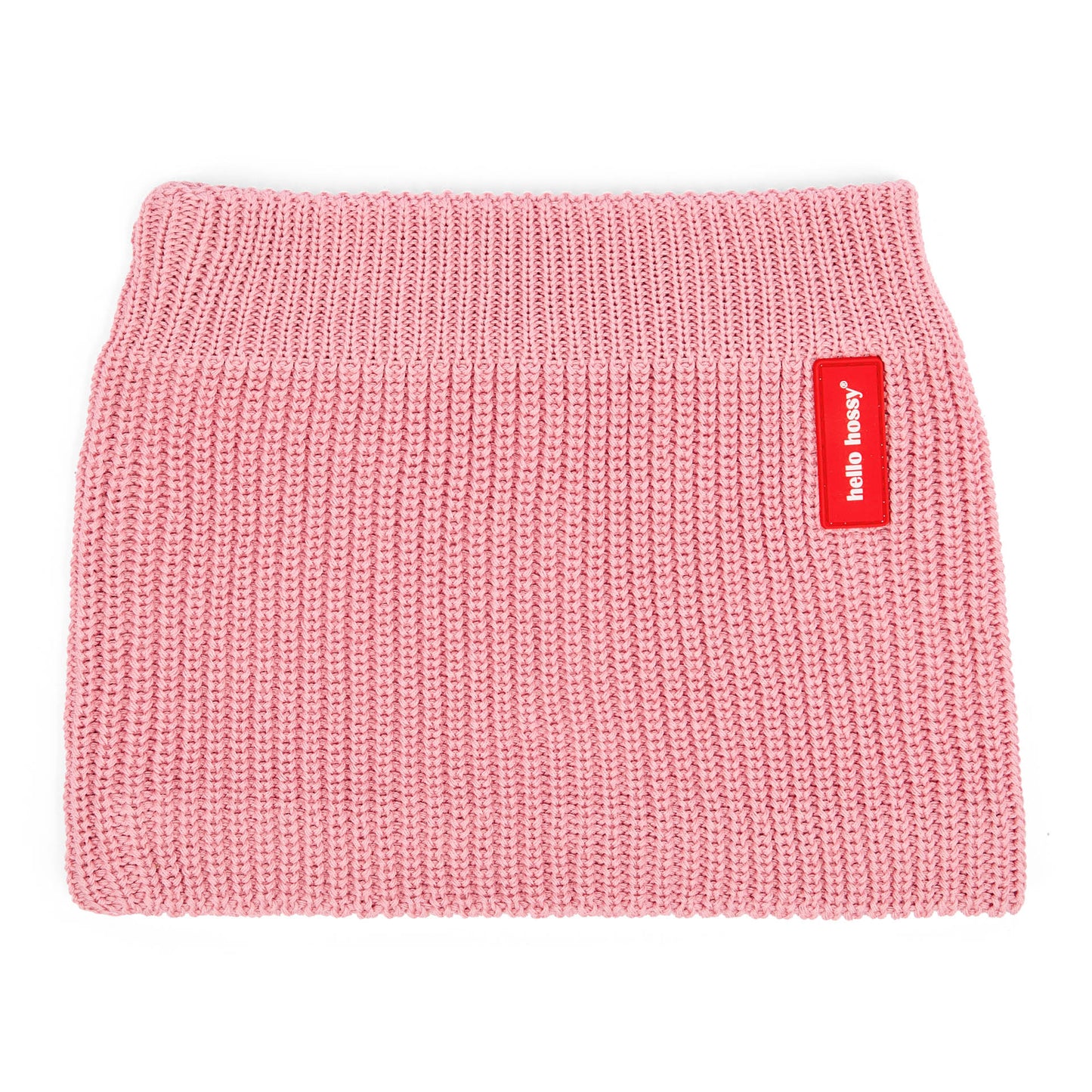 Snood enfant rose maille côtelée étiquette rouge Hello Hossy