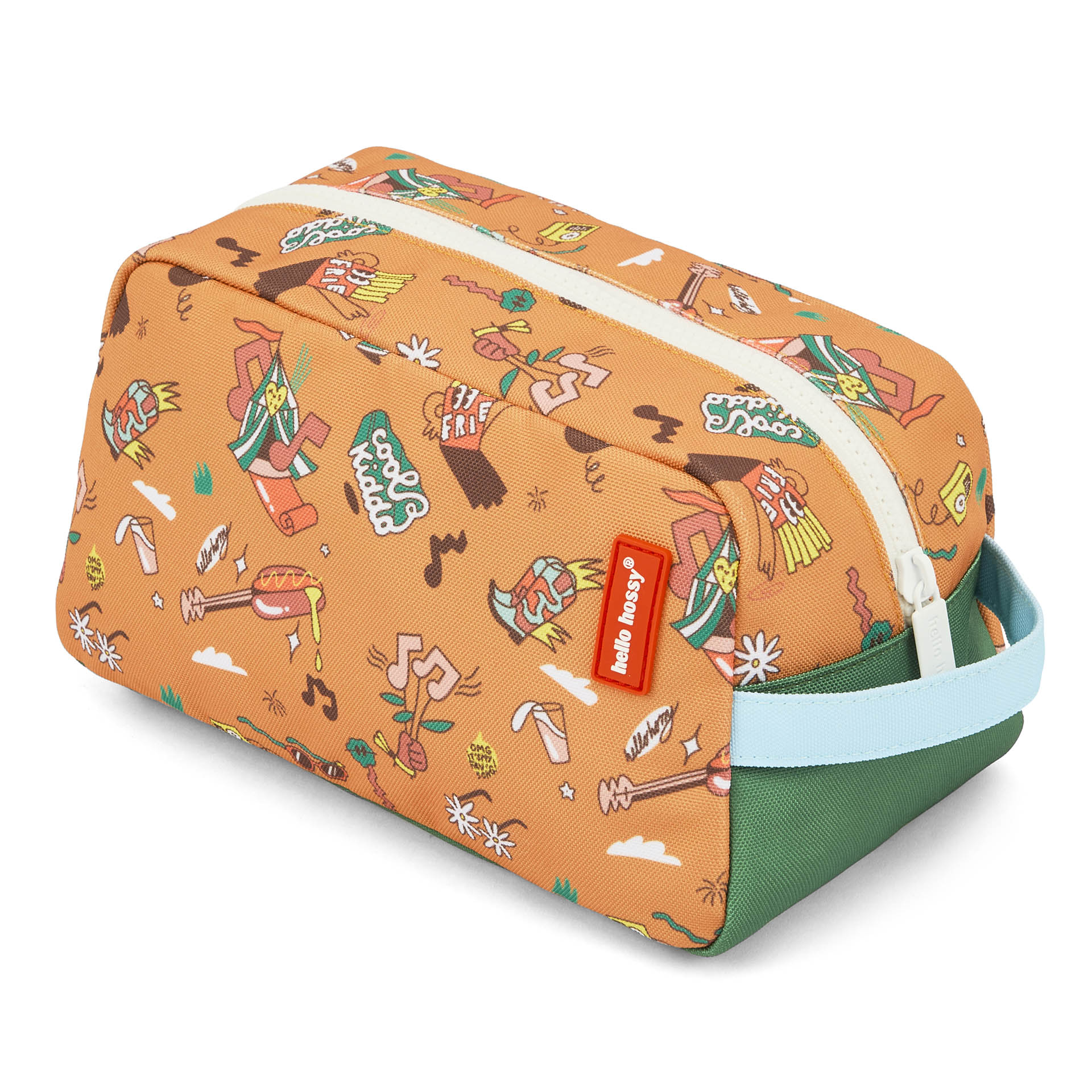 Trousse de toilette enfant orange motifs musique poignée bleue Hello Hossy