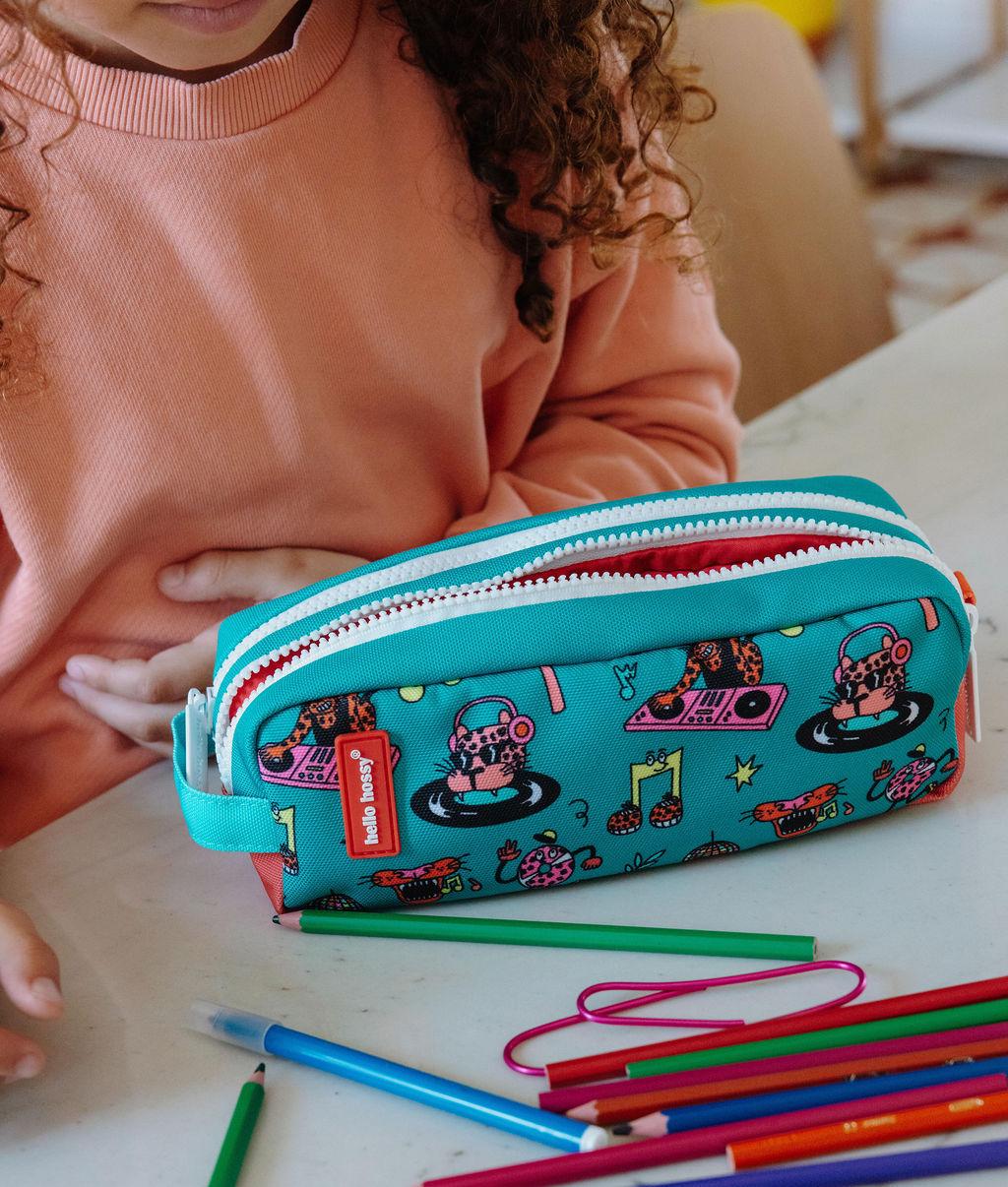 Trousse scolaire enfant vert corail imprimé animaux Hello Hossy