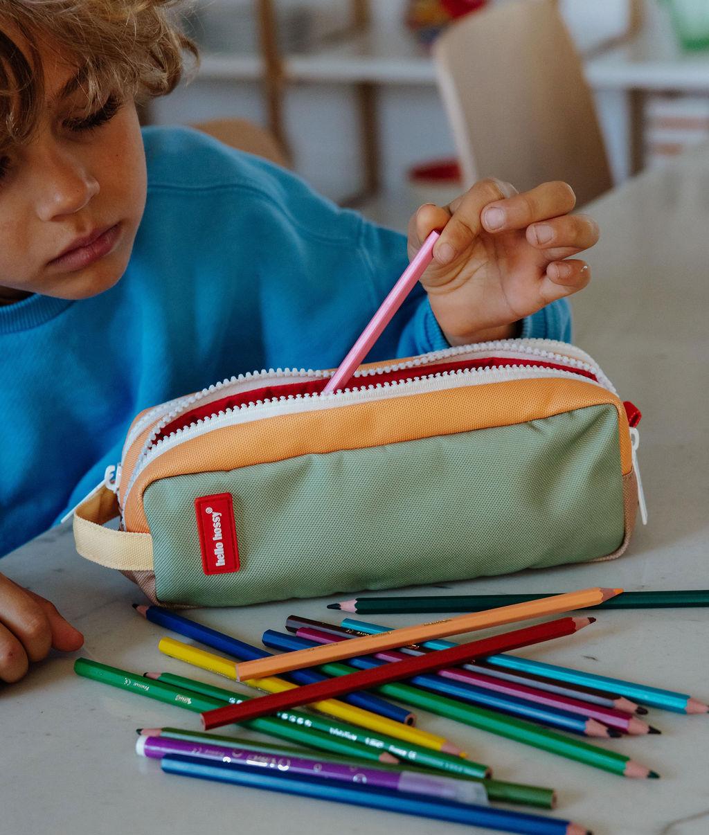 Trousse scolaire enfant vert double compartiment fermeture éclair Hello Hossy