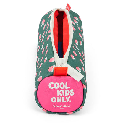 Trousse scolaire enfant vert imprimé fleurs rose ouverture zippée Hello Hossy