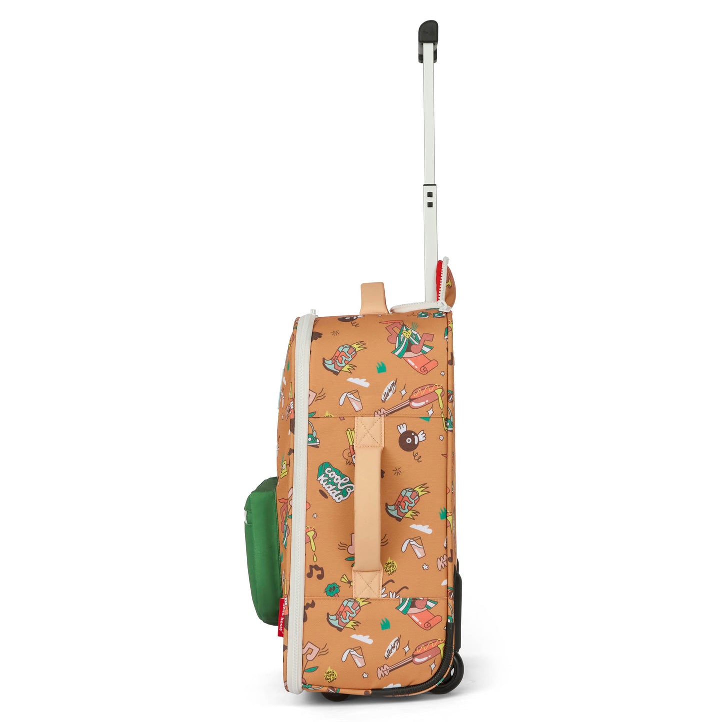 Valise enfant marron motif musique poche verte poignée rétractable Hello Hossy