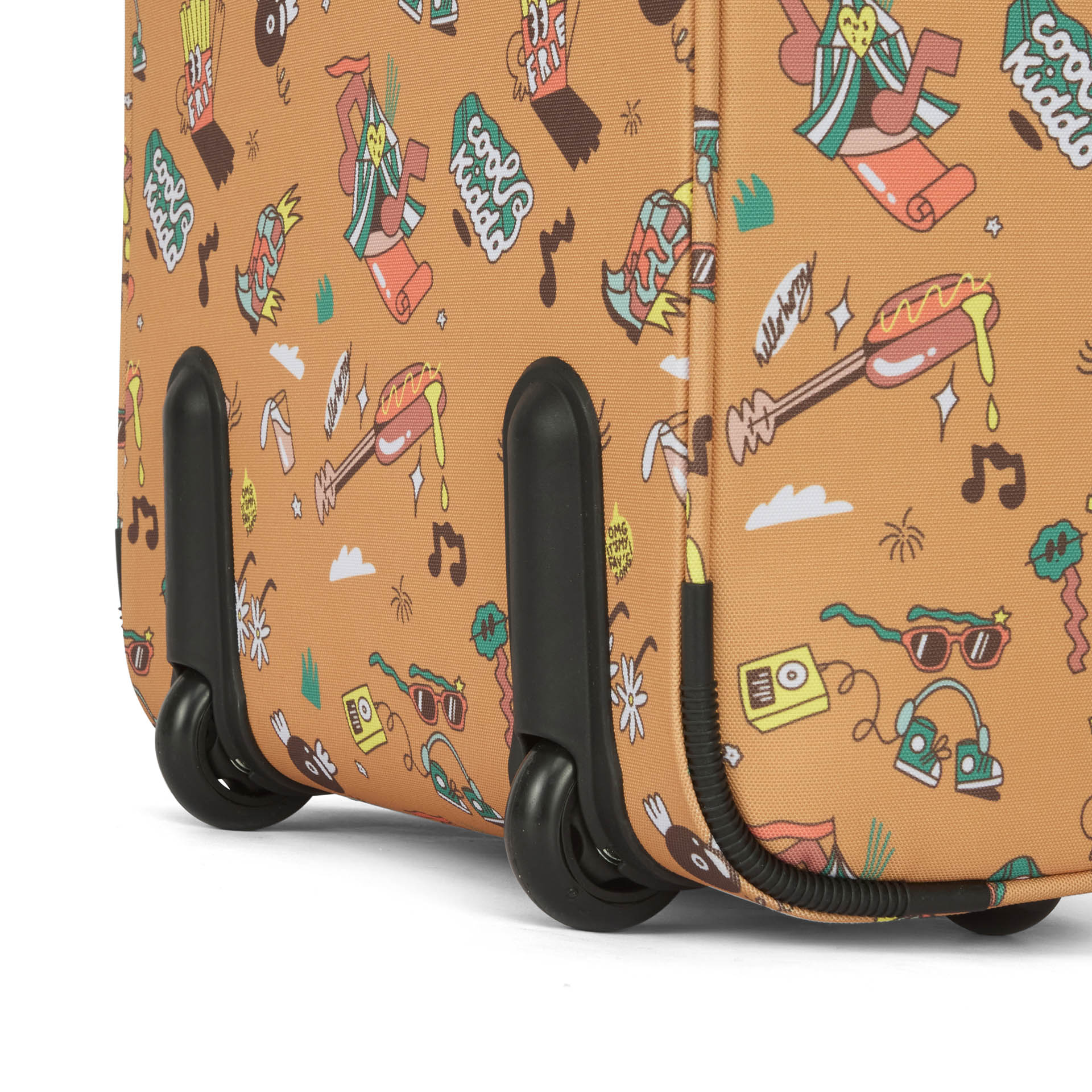 Valise enfant marron motifs musique roulettes noires Hello Hossy