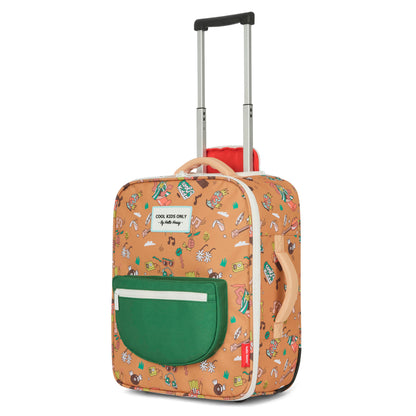 Valise enfant marron motifs musique poche verte poignée trolley Hello Hossy
