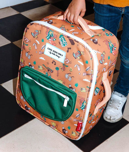 Valise enfant marron motifs musique poche verte Hello Hossy