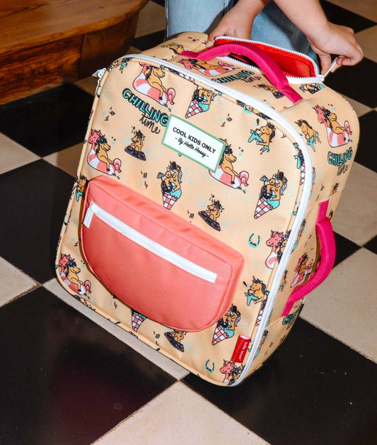 Valise enfant beige motif licorne poche rose Hello Hossy