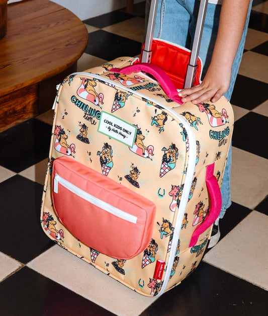Valise enfant orange jaune rose motif licorne poche corail Hello Hossy