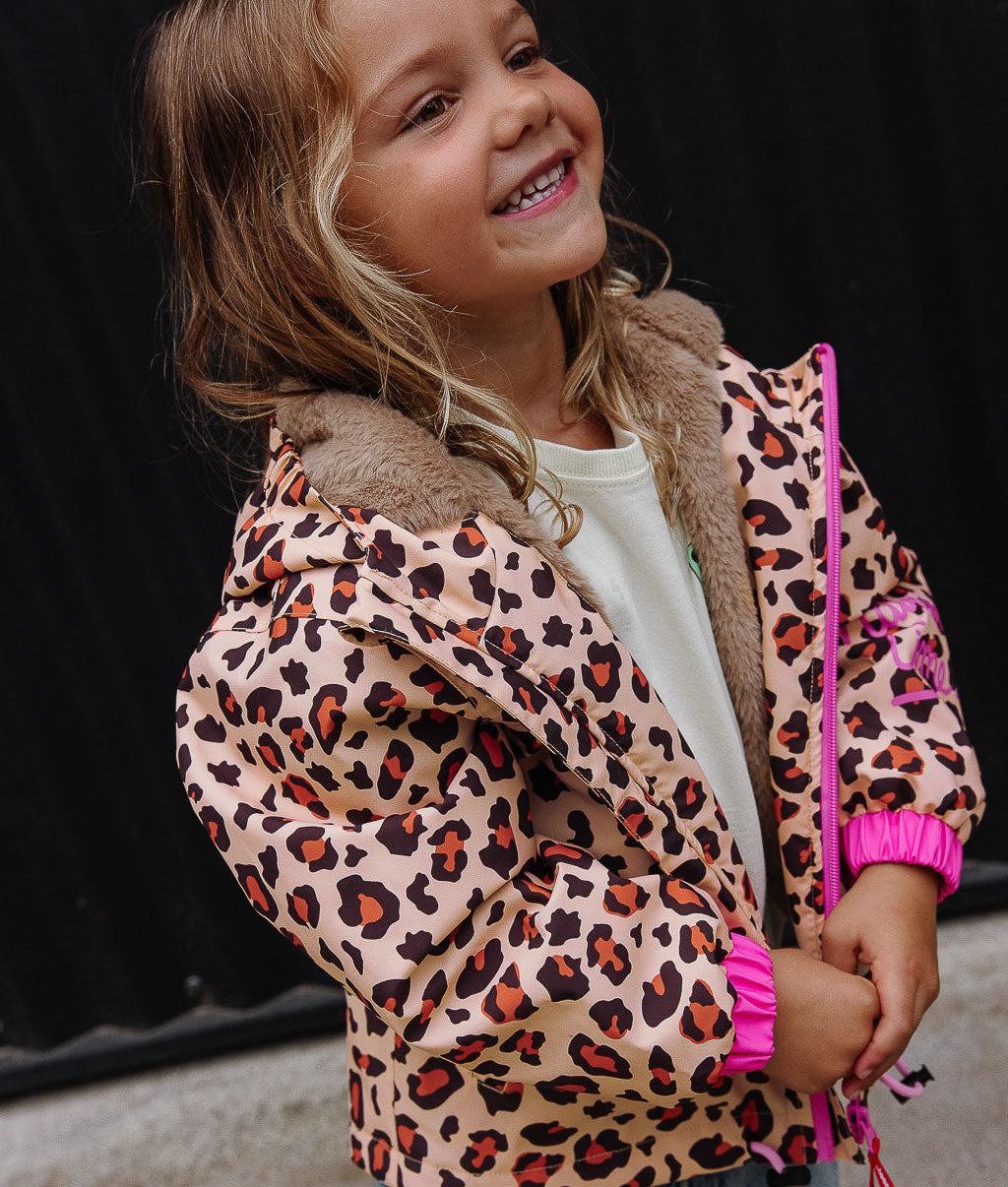 Veste hiver enfant motif léopard marron noir doublure fausse fourrure Hello Hossy