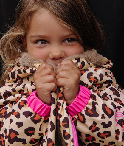 Veste hiver enfant motif léopard rose fluo doublure fourrure Hello Hossy