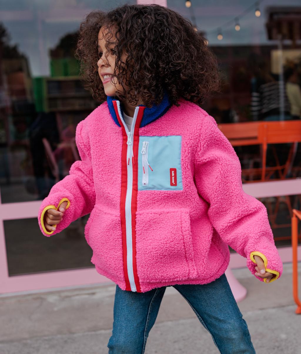 Veste polaire enfant fuchsia poche bleue col bleu Hello Hossy