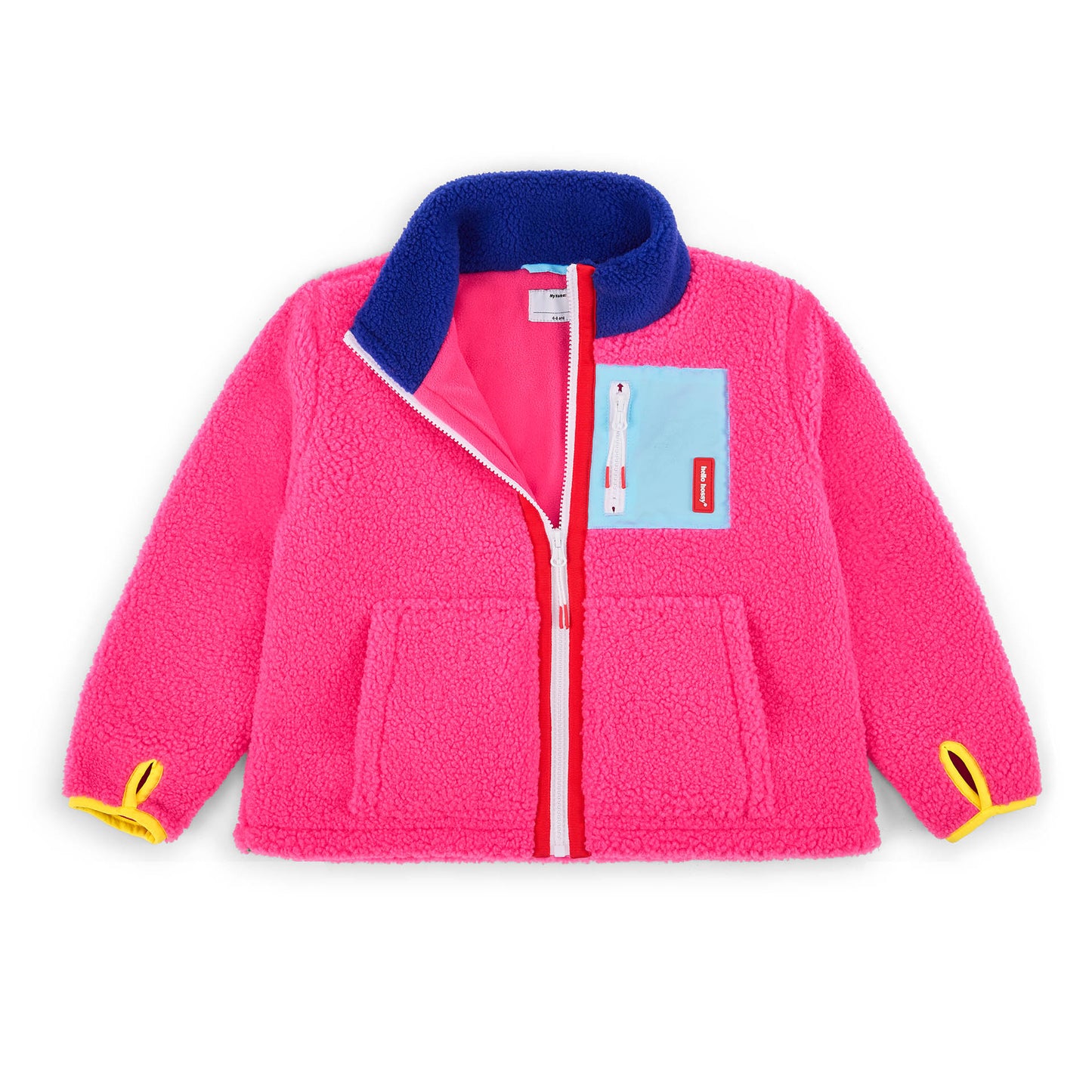Veste polaire enfant fuchsia poche bleue détails jaunes Hello Hossy