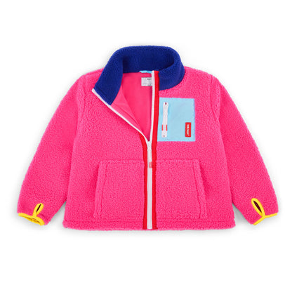 Veste polaire enfant fuchsia poche bleue détails jaunes Hello Hossy
