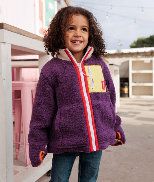 Veste polaire enfant prune poche jaune fermeture zippée rouge Hello Hossy