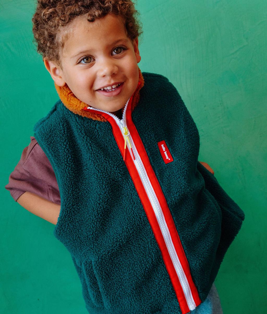 Veste polaire sans manches enfant bleu col orange fermeture zippée Hello Hossy