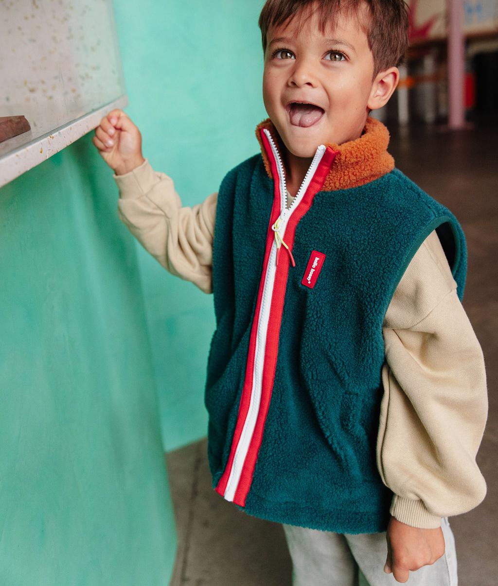 Veste polaire sans manches enfant bleu marron col haut zippé Hello Hossy
