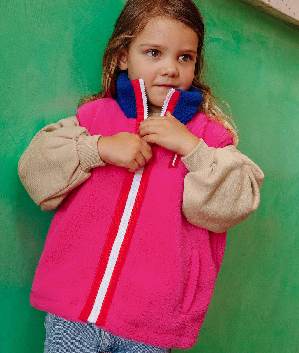Veste polaire sans manches enfant fuchsia col bleu fermeture zippée Hello Hossy