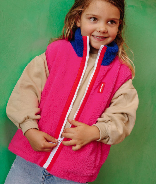 Veste polaire sans manches enfant fuchsia col bleu ouverture zippée Hello Hossy